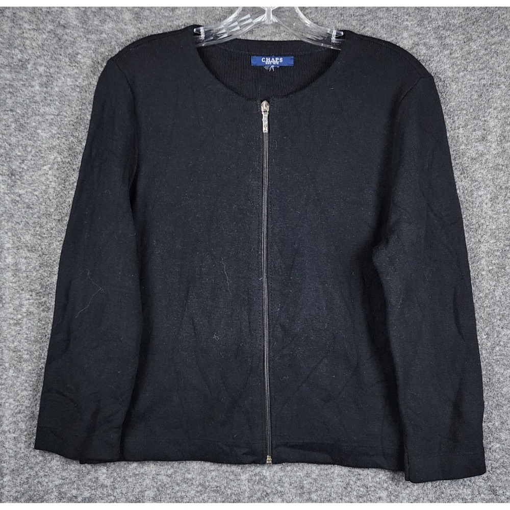 Chaps Cardigan Sweater Women Medium Black Full Zip Crew Neck 3/4 Sleeve Classic
